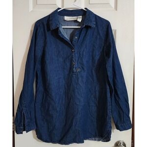 DenimMoves Womens Medium Blue Denim Tunic Top Long Sleeve Cotton Popover Shirt